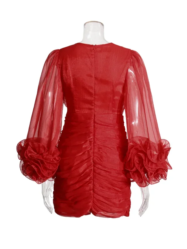 anneline-v-neck-ruched-mini-dress-in-red