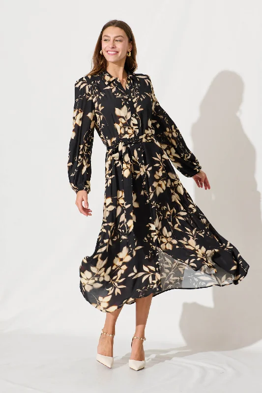 Josy Midi Shirt Dress In Black With Champagne Leaf Print