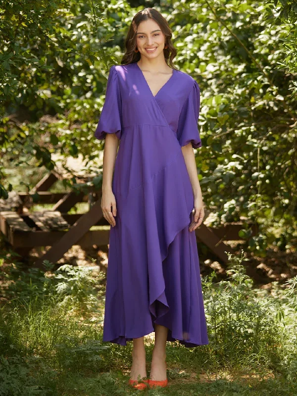 Purple Wrap Ruffle Maxi Dress